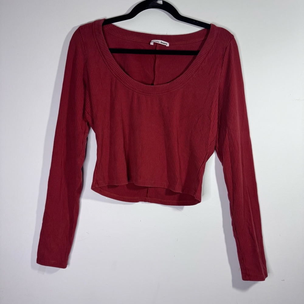 Reformation Jeans Ribbed Crop Top XL Red Scoop Neck Long Sleeve Tee